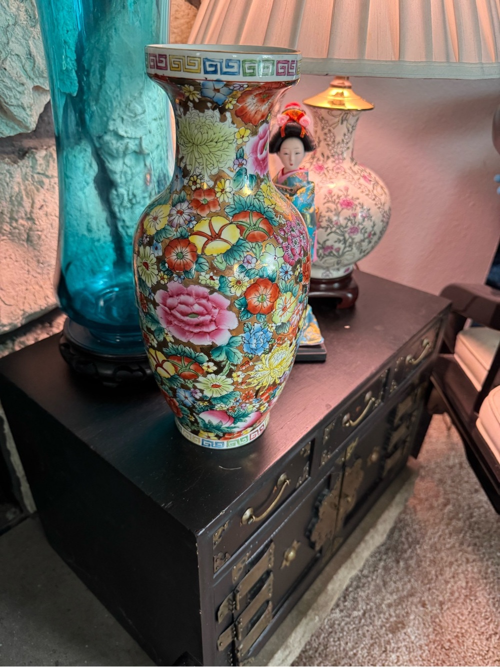 Chinese Vintage Famille Rose Mille Fleur 12” Vase - Elegant Home Accent